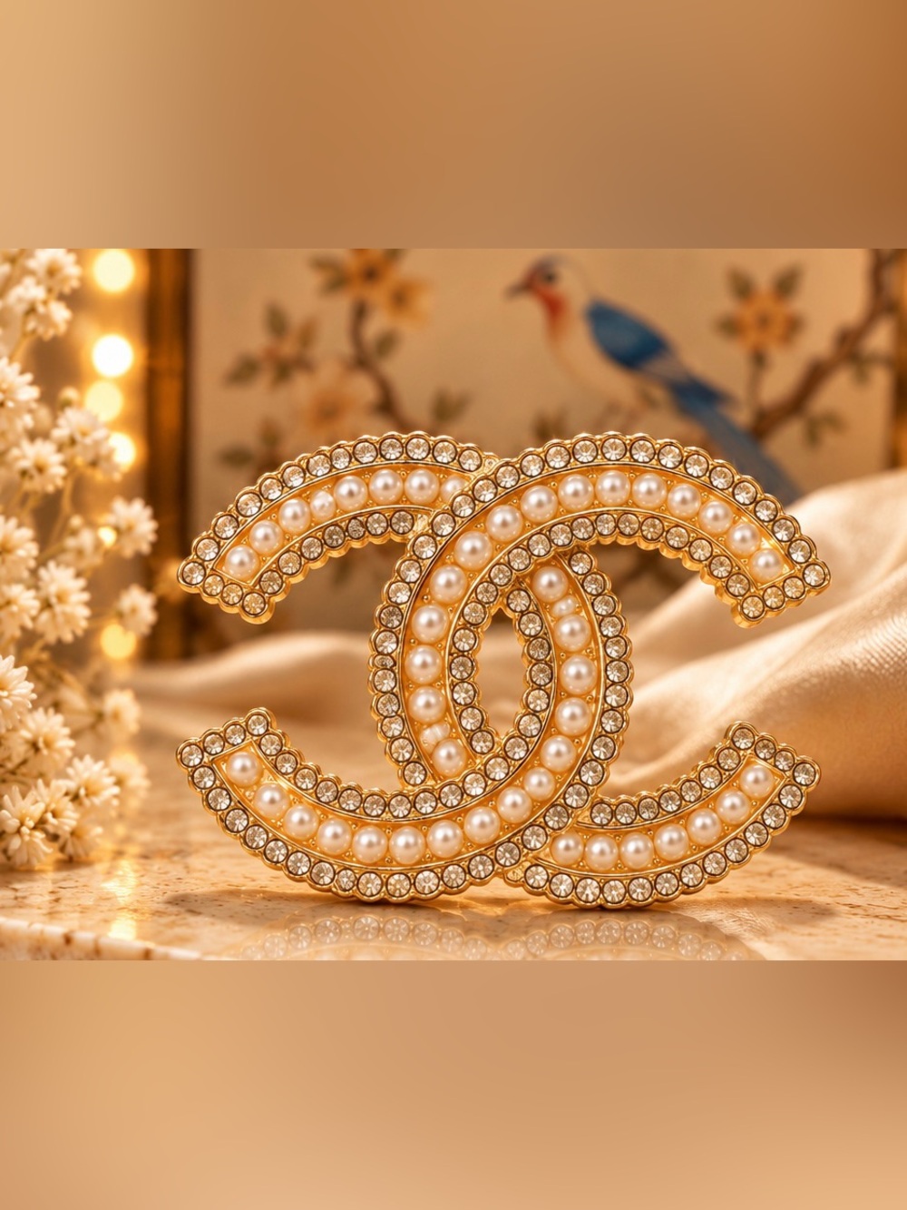 Pearl Crystal Statement Brooch Gold Tone Rhinestone Fashion Jewelry